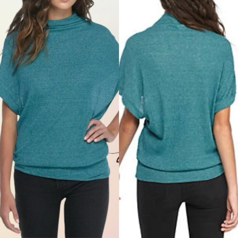 We The Free People Madeline Turquoise Mock Neck Ribbed Knit Jumper Top M - Picture 2 of 6